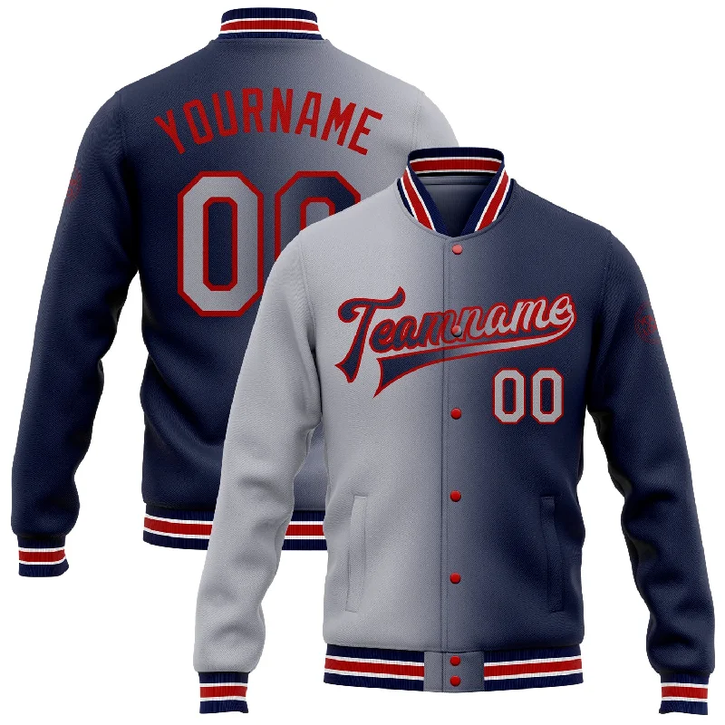 fishing hooks for deep sea-Custom Navy Gray-Red Bomber Full-Snap Varsity Letterman Gradient Fashion Jacket