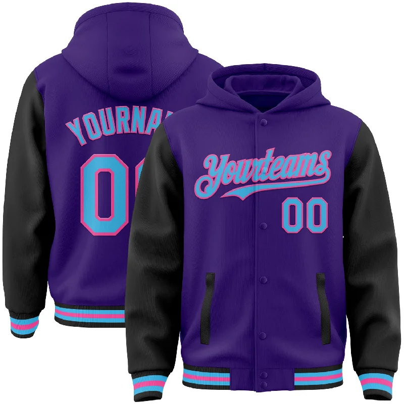 fishing line for catfish fishing-Custom Purple Sky Blue Black-Pink Bomber Full-Snap Varsity Letterman Two Tone Hoodie Jacket