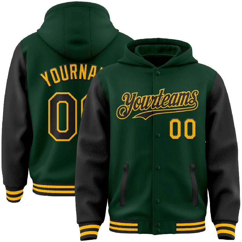 fishing kayaks for bass-Custom Green Black-Gold Bomber Full-Snap Varsity Letterman Two Tone Hoodie Jacket