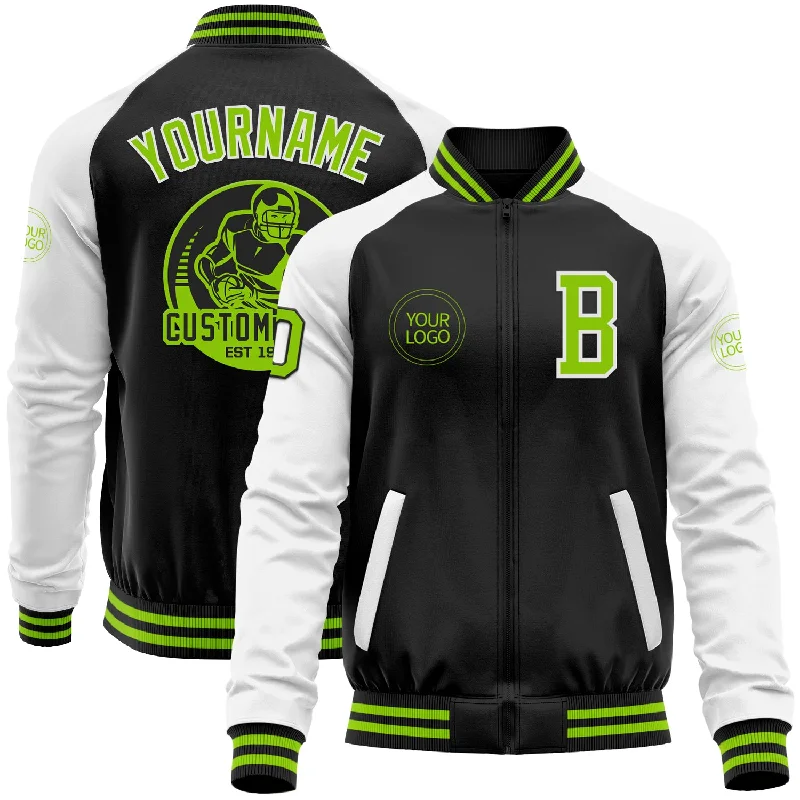 fishing nets for kids-Custom Black Neon Green-White Bomber Varsity Letterman Two Tone Zipper Jacket