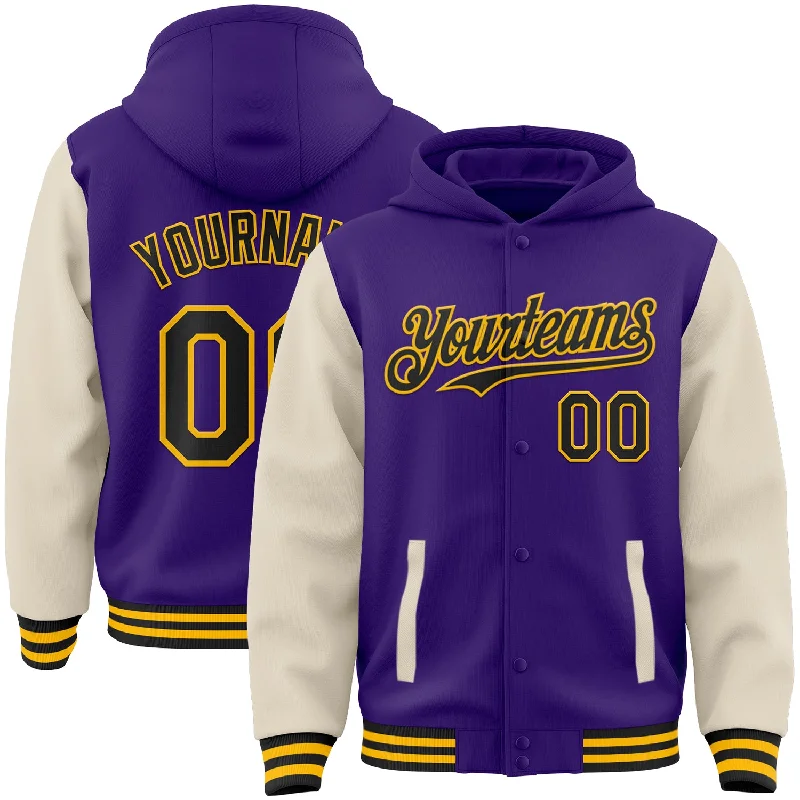 fishing boats with cabins-Custom Purple Black Cream-Gold Bomber Full-Snap Varsity Letterman Two Tone Hoodie Jacket