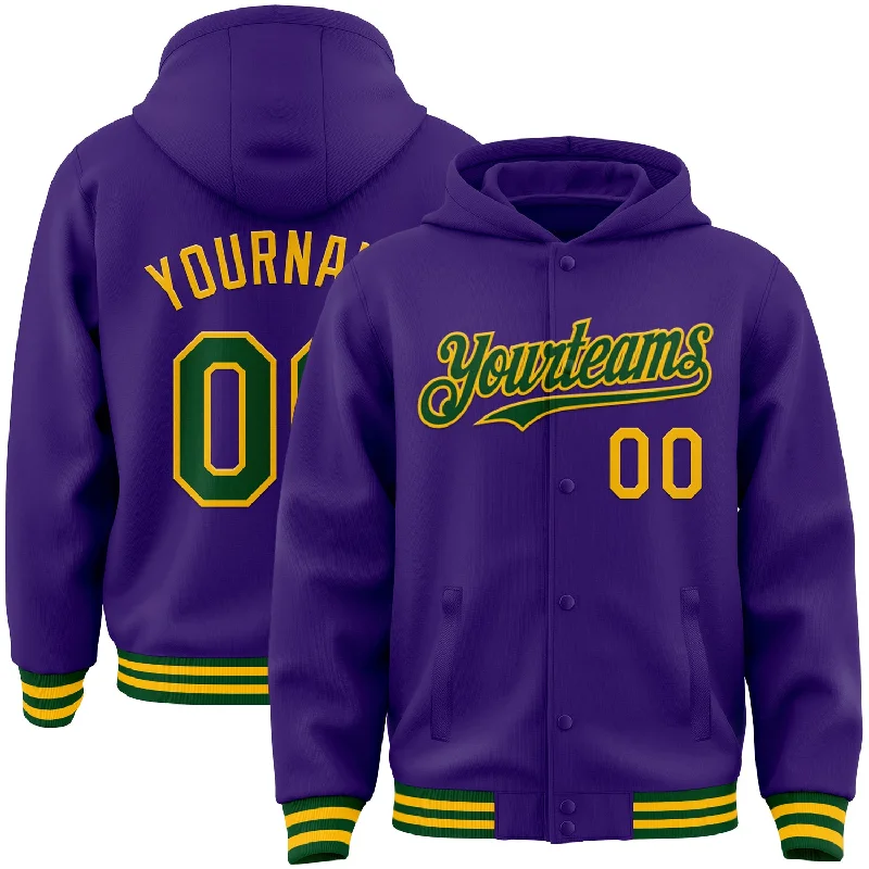 fishing hooks size guide-Custom Purple Green-Gold Bomber Full-Snap Varsity Letterman Hoodie Jacket