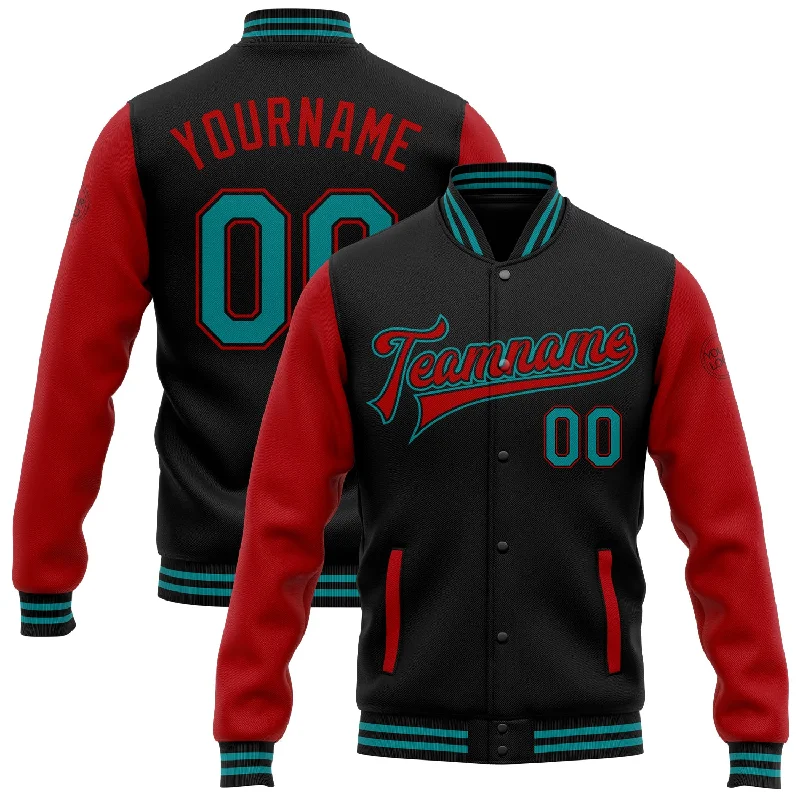 fishing line strength-Custom Black Teal-Red Bomber Full-Snap Varsity Letterman Two Tone Jacket