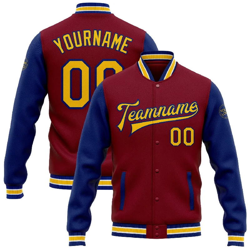 fishing hooks for women fishing-Custom Crimson Yellow-Royal Bomber Full-Snap Varsity Letterman Two Tone Jacket