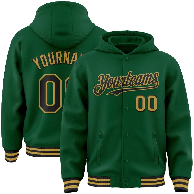 fishing gloves for trout-Custom Kelly Green Black-Old Gold Bomber Full-Snap Varsity Letterman Hoodie Jacket