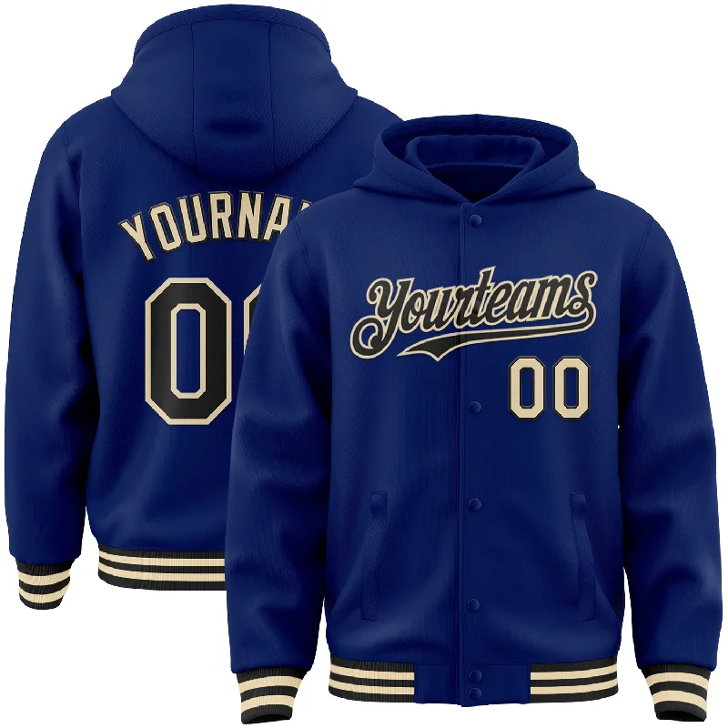 fishing bait for ice fishing-Custom Royal Black-Cream Bomber Full-Snap Varsity Letterman Hoodie Jacket