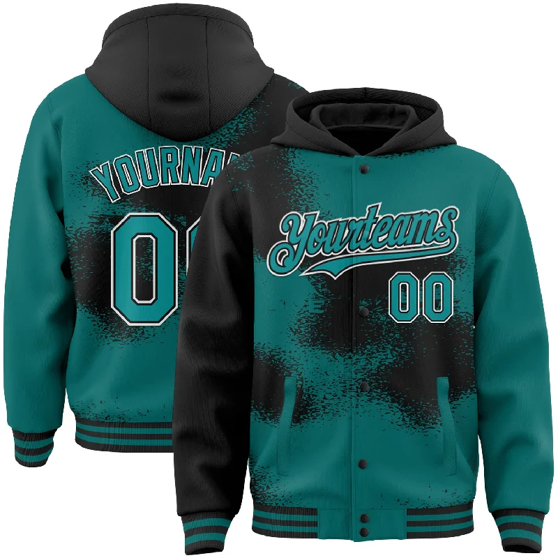 fishing hooks for beginners-Custom Teal Black-White Abstract Color Blocks Fragment Art 3D Pattern Design Bomber Full-Snap Varsity Letterman Hoodie Jacket