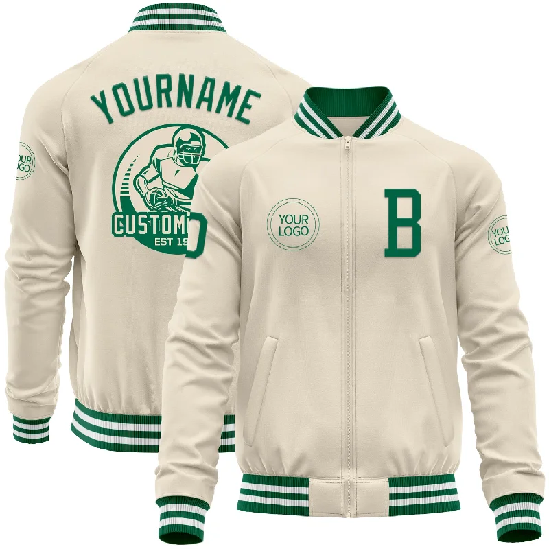 fishing line for deep water-Custom Cream Kelly Green-White Bomber Varsity Letterman Zipper Jacket