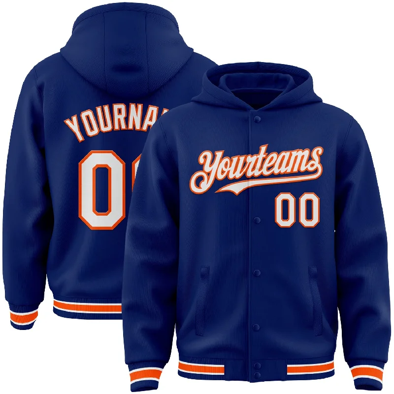 fishing gloves for saltwater-Custom Royal White-Orange Bomber Full-Snap Varsity Letterman Hoodie Jacket