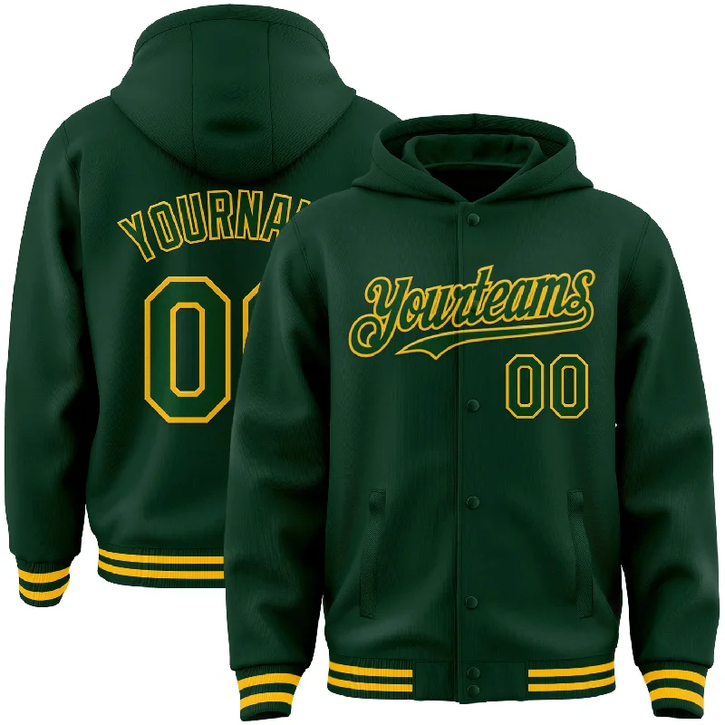 fishing nets for deep sea-Custom Green Gold Bomber Full-Snap Varsity Letterman Hoodie Jacket