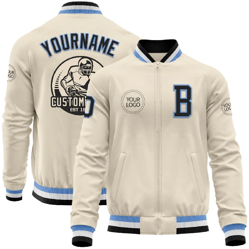 fishing reels for bass-Custom Cream Black Light Blue-White Bomber Varsity Letterman Zipper Jacket