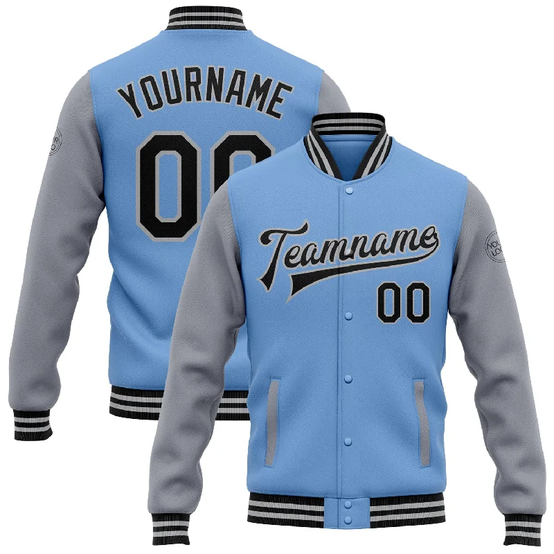 fishing gloves for catfish-Custom Light Blue Black-Gray Bomber Full-Snap Varsity Letterman Two Tone Jacket