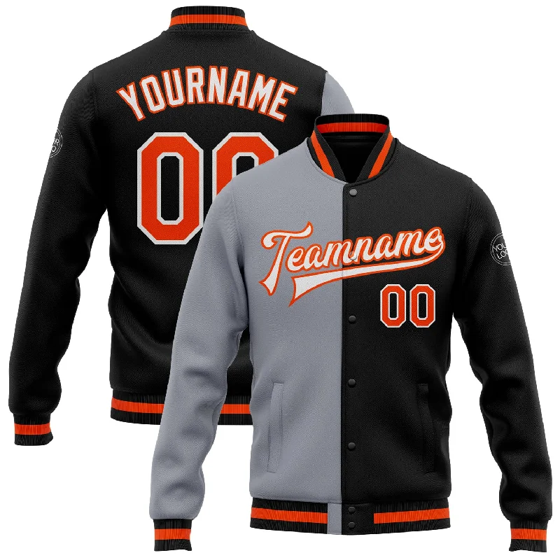 fishing knots for saltwater-Custom Black Orange-Gray Bomber Full-Snap Varsity Letterman Split Fashion Jacket