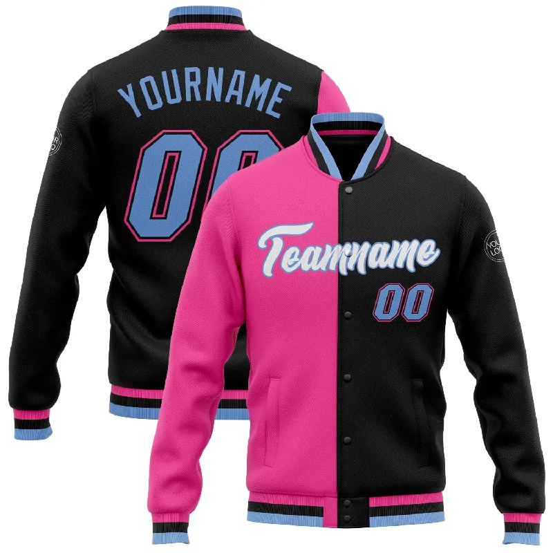 fishing line for baitcasters-Custom Black Light Blue-Pink Bomber Full-Snap Varsity Letterman Split Fashion Jacket