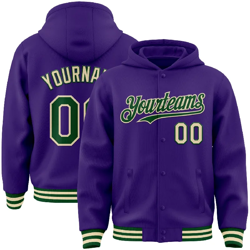 fishing bait scents-Custom Purple Green-Cream Bomber Full-Snap Varsity Letterman Hoodie Jacket