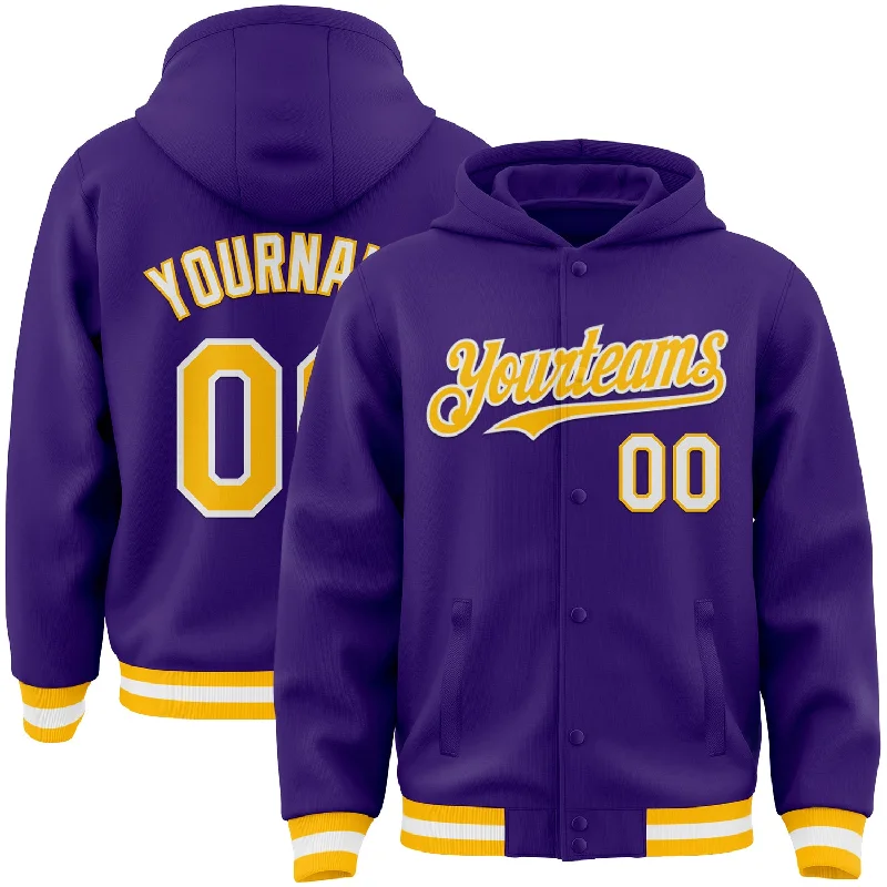 fishing bait for bass-Custom Purple Gold-White Bomber Full-Snap Varsity Letterman Hoodie Jacket