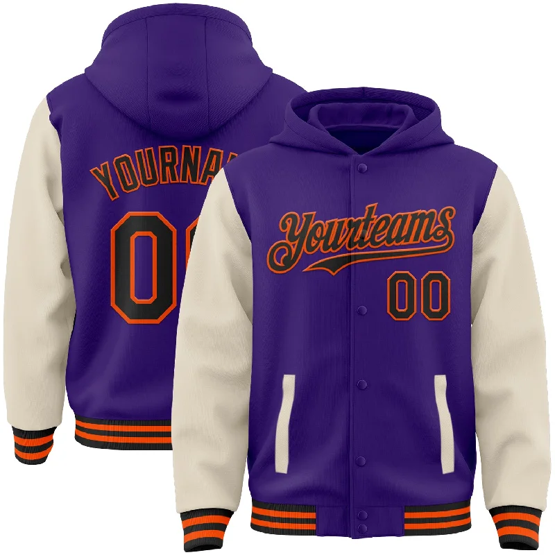 fishing waders for big guys-Custom Purple Black Cream-Orange Bomber Full-Snap Varsity Letterman Two Tone Hoodie Jacket