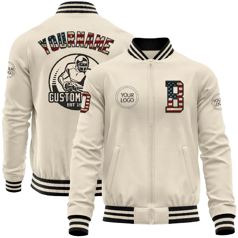 fishing knots for ice fishing-Custom Cream Vintage USA Flag-Black Bomber Varsity Letterman Zipper Jacket