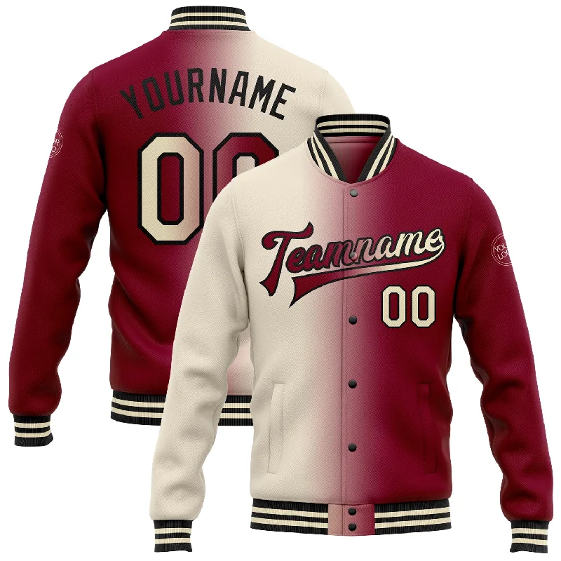 fishing waders for saltwater-Custom Maroon Cream-Black Bomber Full-Snap Varsity Letterman Gradient Fashion Jacket