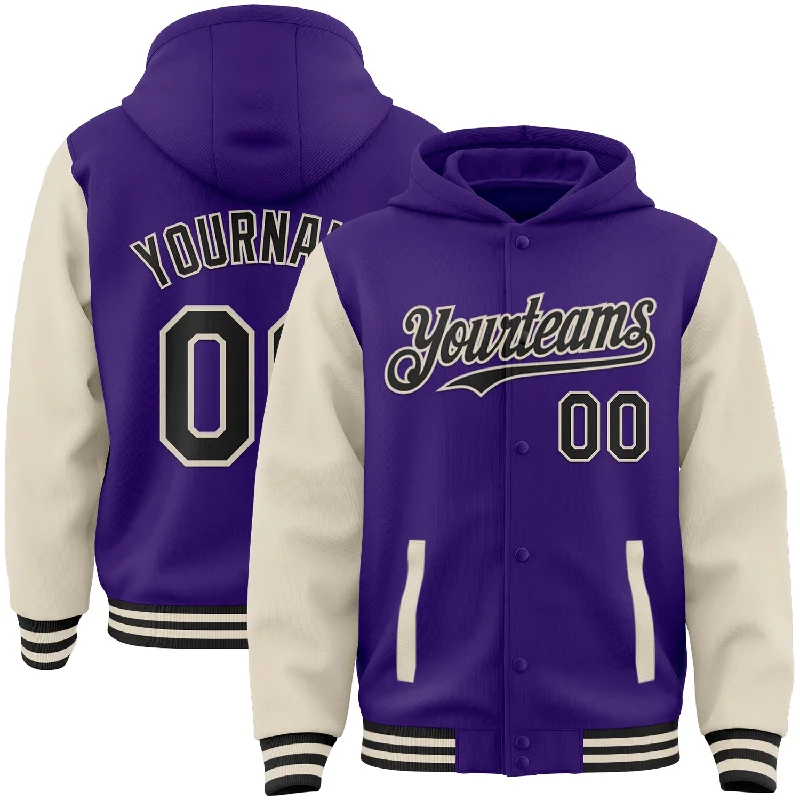 spinning reels for saltwater-Custom Purple Black-Cream Bomber Full-Snap Varsity Letterman Two Tone Hoodie Jacket