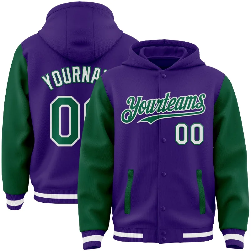 fishing nets for women trolling-Custom Purple Kelly Green-White Bomber Full-Snap Varsity Letterman Two Tone Hoodie Jacket