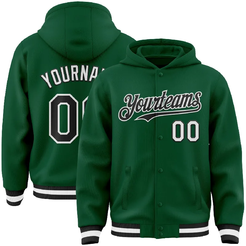 fishing bait for freshwater-Custom Kelly Green Black-White Bomber Full-Snap Varsity Letterman Hoodie Jacket