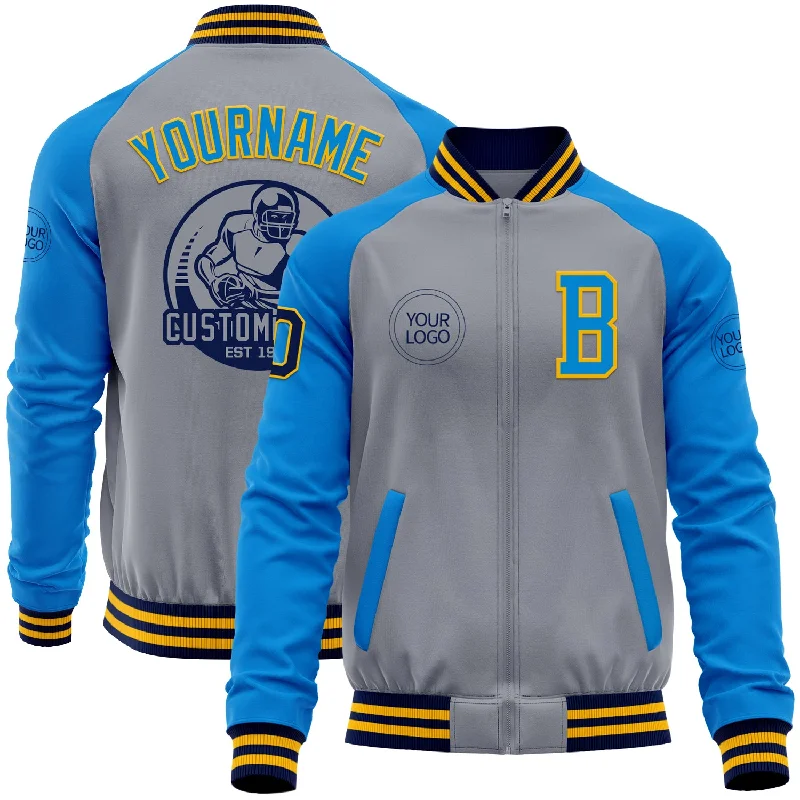 fishing line for ice fishing rods-Custom Gray Navy Gold-Powder Blue Varsity Letterman Two Tone Zipper Jacket