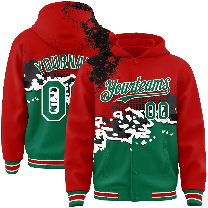 fishing reels for women fishing-Custom Red Kelly Green-Black Abstract Splash Grunge Art 3D Pattern Design Bomber Full-Snap Varsity Letterman Hoodie Jacket