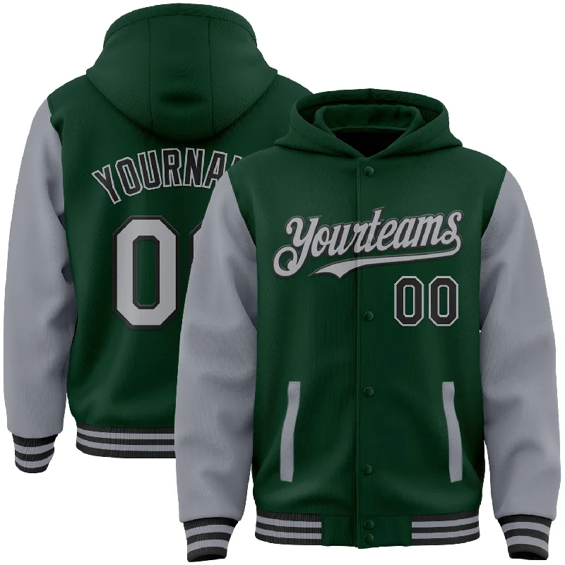 fishing line for heavy fish-Custom Green Gray-Black Bomber Full-Snap Varsity Letterman Two Tone Hoodie Jacket