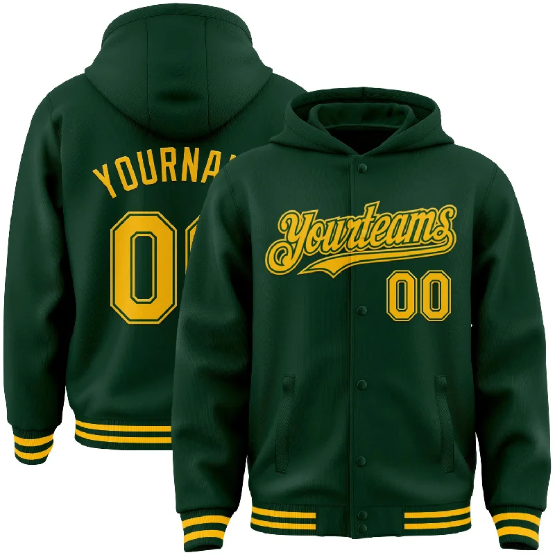 baitcasting reels for trolling-Custom Green Gold Bomber Full-Snap Varsity Letterman Hoodie Jacket