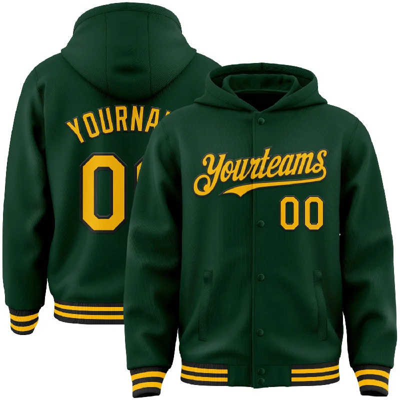 fishing line for bank fishing-Custom Green Gold-Black Bomber Full-Snap Varsity Letterman Hoodie Jacket