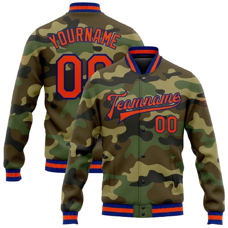 fishing reels for ice fishing-Custom Camo Orange-Royal Bomber Full-Snap Varsity Letterman Salute To Service Jacket