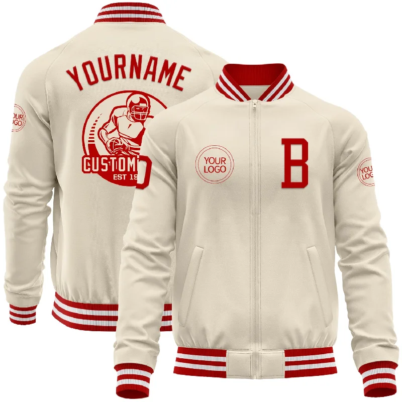 baitcasting reels for freshwater-Custom Cream Red-White Bomber Varsity Letterman Zipper Jacket