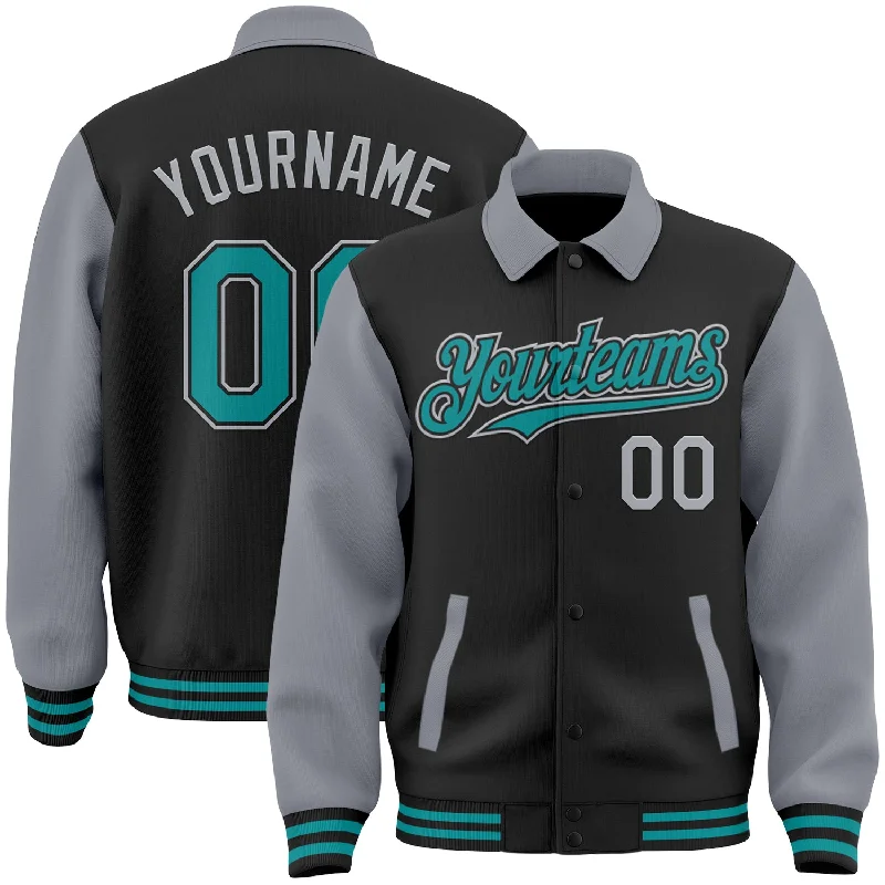 fishing rods for beginners-Custom Black Teal-Gray Bomber Full-Snap Varsity Letterman Two Tone Lapel Collar Byron Jacket