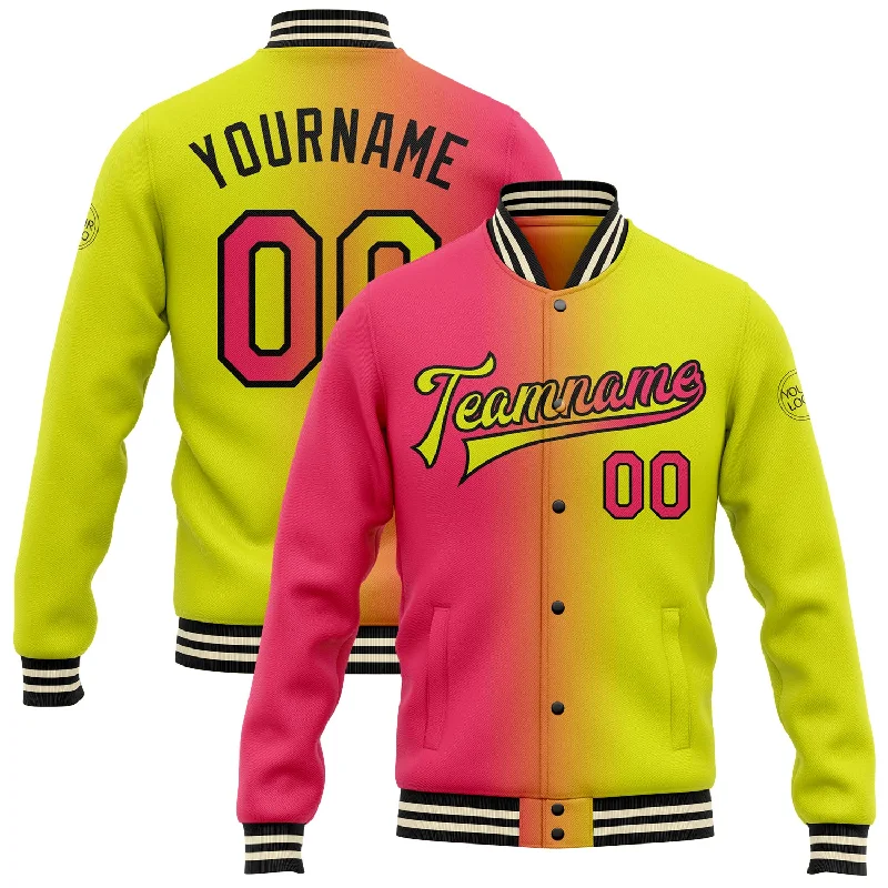 fishing gloves for carp-Custom Neon Yellow Neon Pink-Black Bomber Full-Snap Varsity Letterman Gradient Fashion Jacket