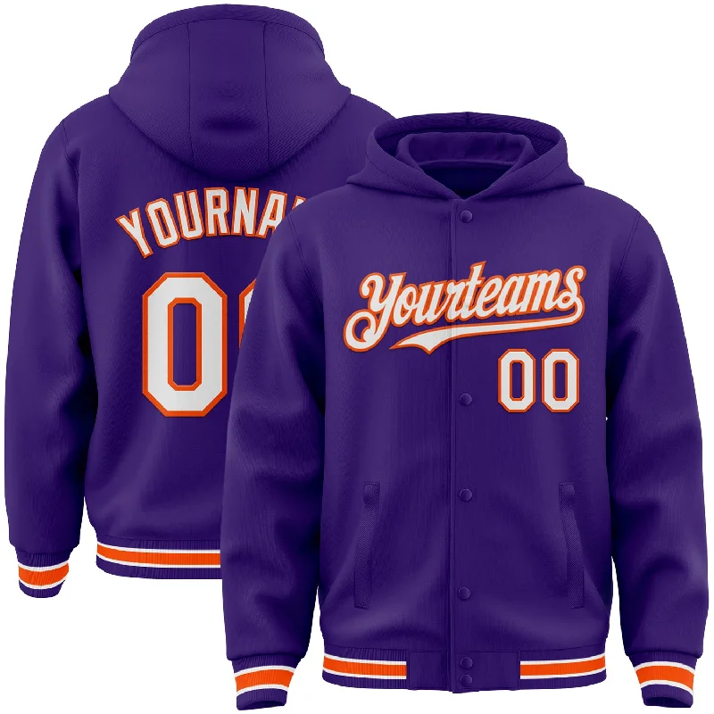 fishing bait for truck fishing-Custom Purple White-Orange Bomber Full-Snap Varsity Letterman Hoodie Jacket