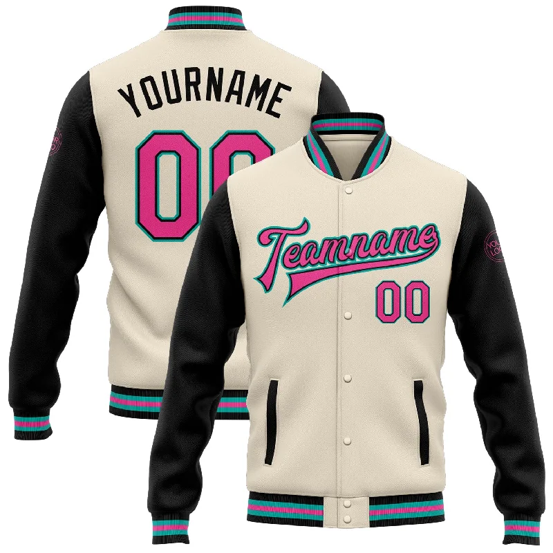 fishing tackle for fly fishing-Custom Cream Pink Black-Aqua Bomber Full-Snap Varsity Letterman Two Tone Jacket