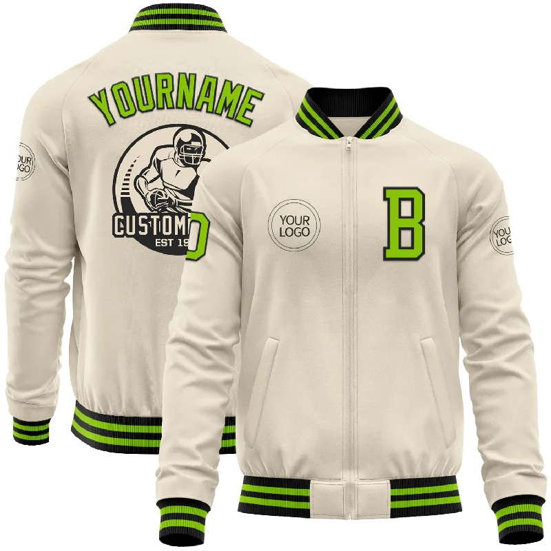 fishing rod reel combos-Custom Cream Neon Green-Black Bomber Varsity Letterman Zipper Jacket