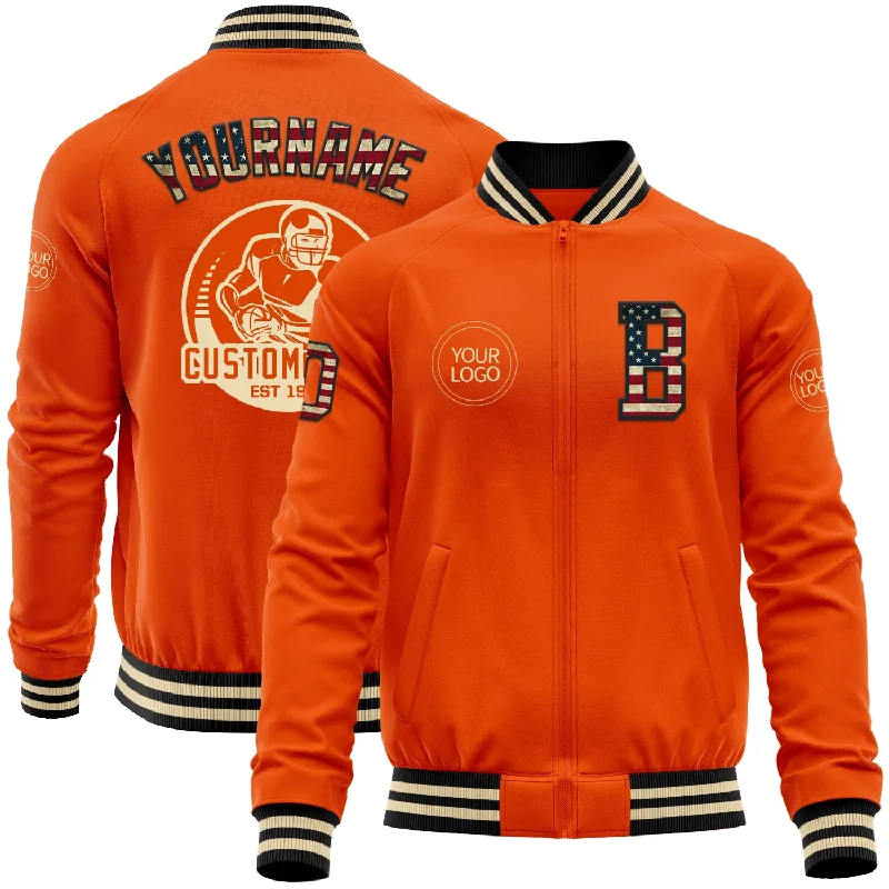 catfish fishing tackle for beginners-Custom Orange Vintage USA Flag Black-Cream Bomber Varsity Letterman Zipper Jacket