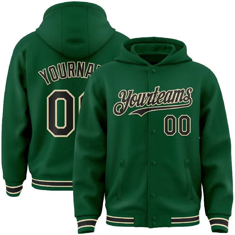 fishing line for kids fishing-Custom Kelly Green Black-Cream Bomber Full-Snap Varsity Letterman Hoodie Jacket