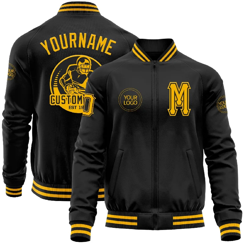 fishing rod sleeves-Custom Black Gold Bomber Varsity Letterman Zipper Jacket