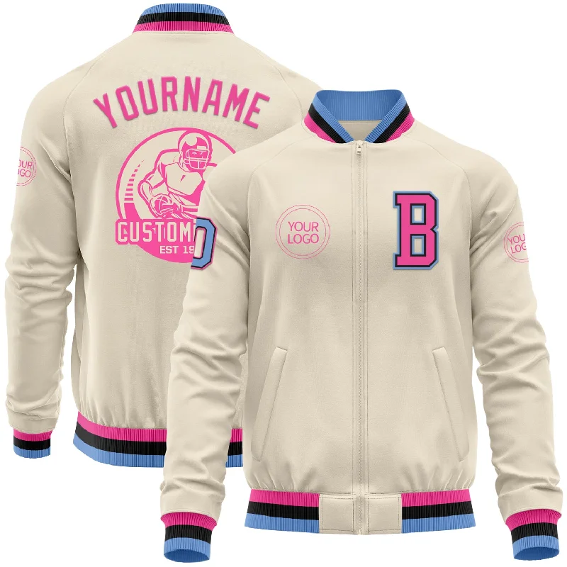 fishing line for shallow water-Custom Cream Light Blue Black-Pink Bomber Varsity Letterman Zipper Jacket