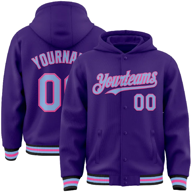 fishing gloves waterproof-Custom Purple Light Blue Pink-Black Bomber Full-Snap Varsity Letterman Hoodie Jacket