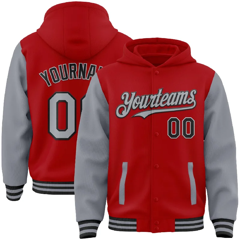 fishing reels for home storage-Custom Red Gray-Black Bomber Full-Snap Varsity Letterman Two Tone Hoodie Jacket