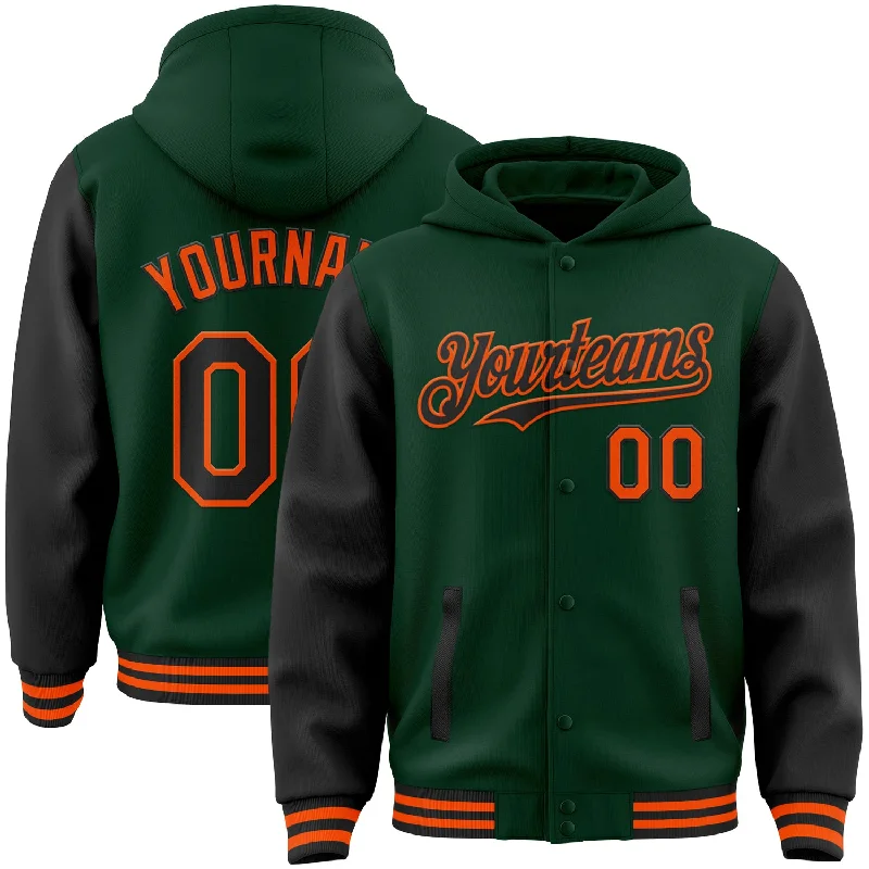 catfish fishing reels for sale-Custom Green Black-Orange Bomber Full-Snap Varsity Letterman Two Tone Hoodie Jacket