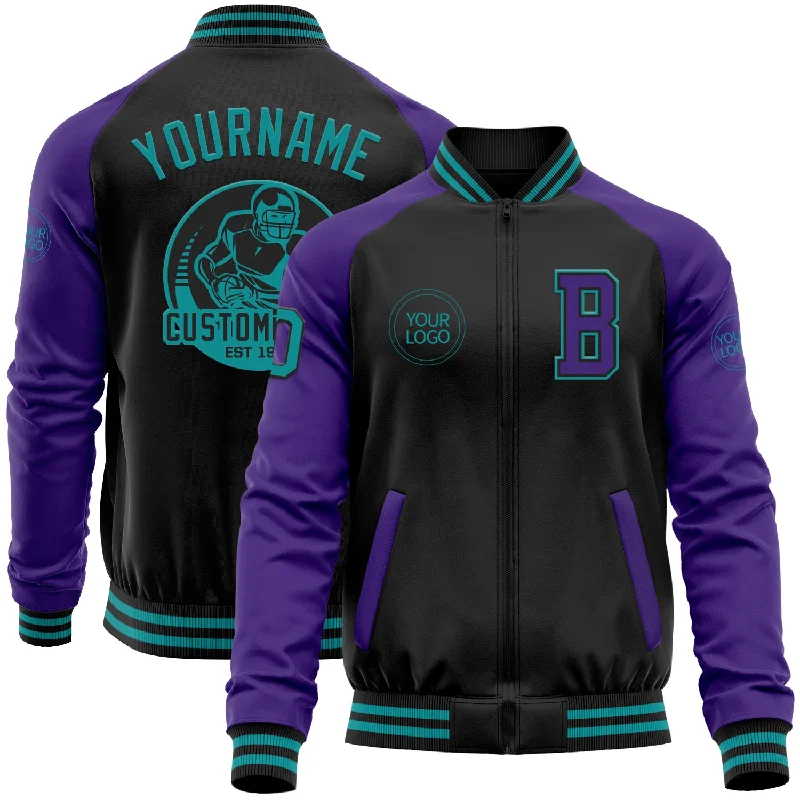 fishing boats for freshwater fishing-Custom Black Teal-Purple Bomber Varsity Letterman Two Tone Zipper Jacket