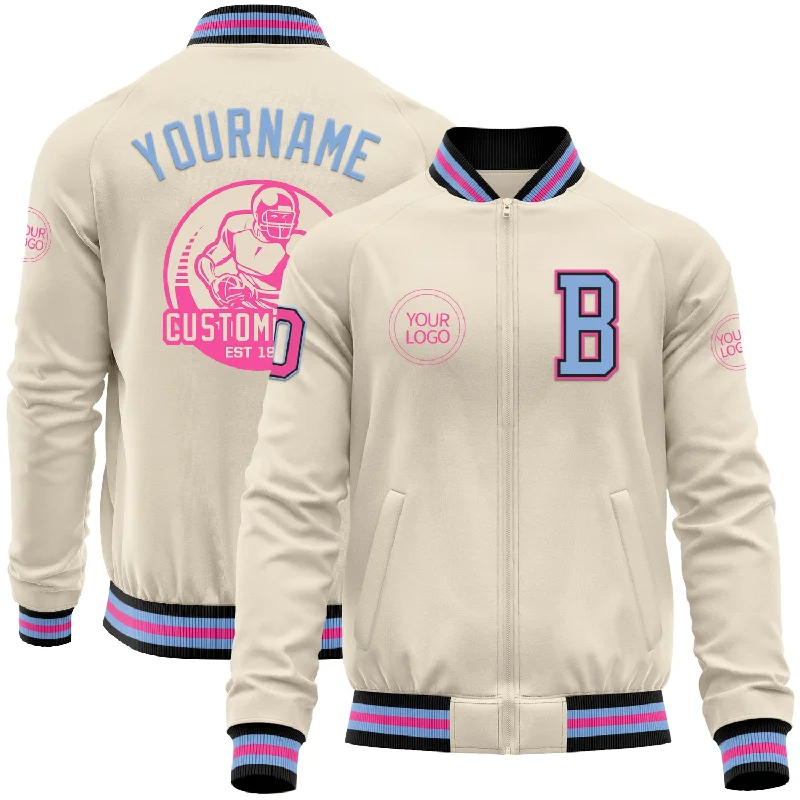 artificial lures for deep sea-Custom Cream Pink Black-Light Blue Bomber Varsity Letterman Zipper Jacket