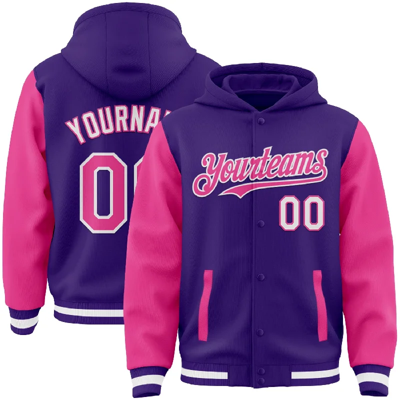 fishing line for saltwater fishing-Custom Purple Pink-White Bomber Full-Snap Varsity Letterman Two Tone Hoodie Jacket