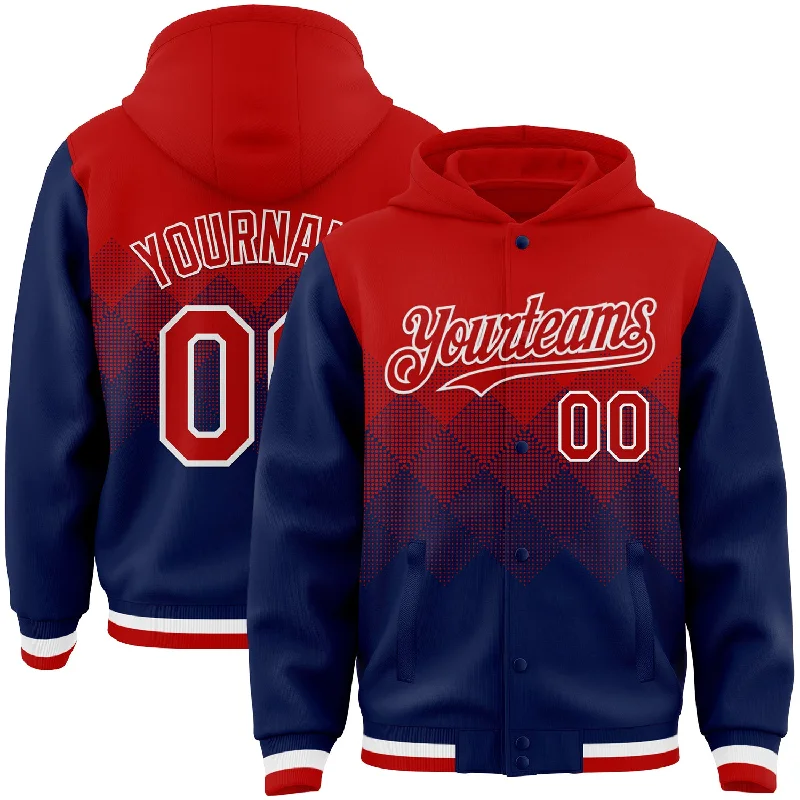 fishing tackle boxes-Custom Red Navy-White Gradient Square Shape 3D Pattern Design Bomber Full-Snap Varsity Letterman Hoodie Jacket