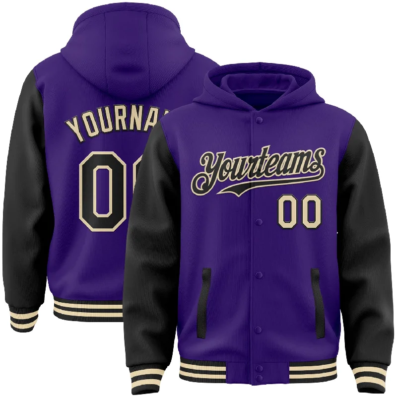 fishing tackle shops near me-Custom Purple Black-Cream Bomber Full-Snap Varsity Letterman Two Tone Hoodie Jacket